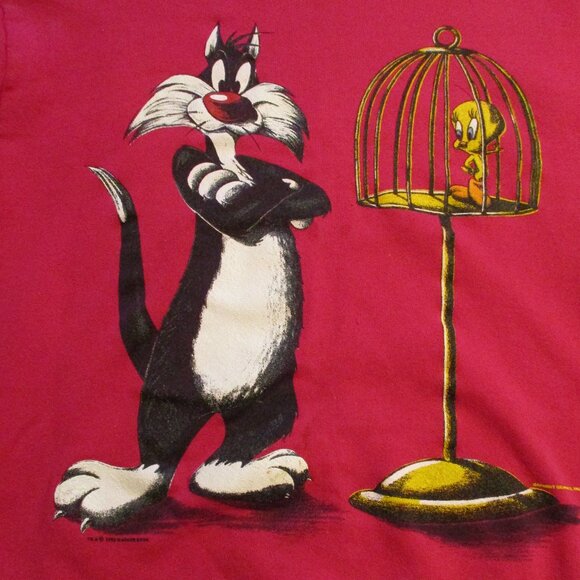 Looney Tunes Tweety Sylvester Cat Vintage 93 Woman Large Pink Black Sweatshirt - Picture 2 of 9